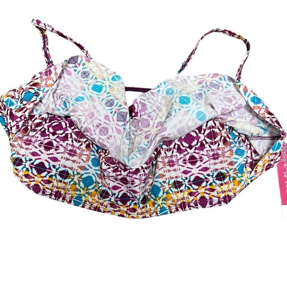 NWT Hula Honey Flounce Bikini Top Junior's Size Small Wine Multi Print Lace Up - Picture 7 of 11